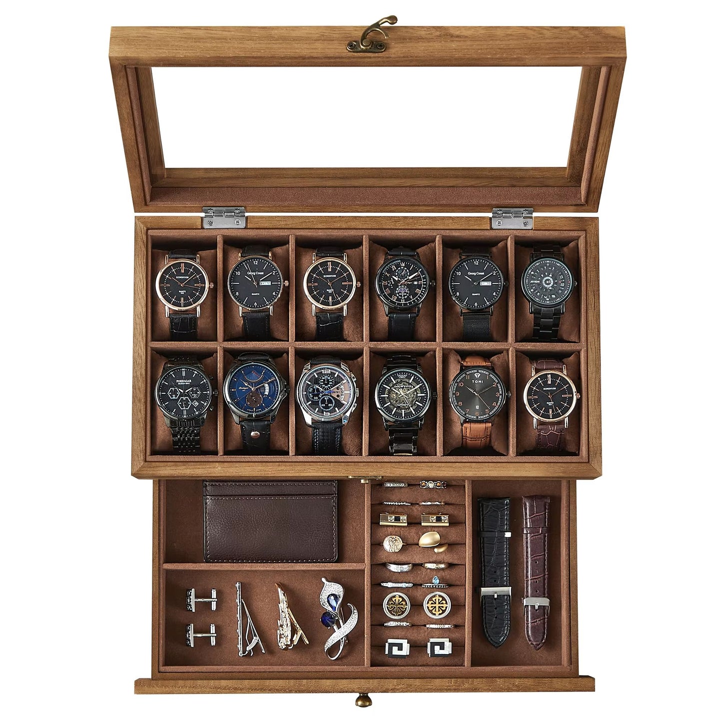 Watch Display Box 12 Slot Organizer with Glass Lid 2 Tier Jewelry Storage Case for Men and Women