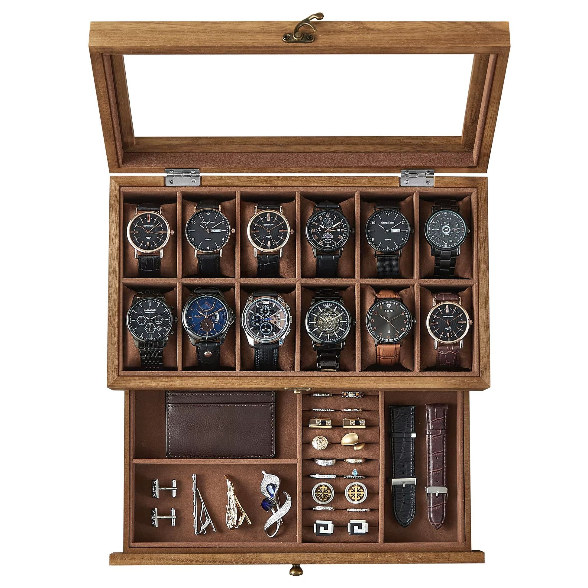Watch Display Box 12 Slot Organizer with Glass Lid 2 Tier Jewelry Storage Case for Men and Women