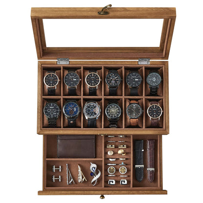 Watch Display Box 12 Slot Organizer with Glass Lid 2 Tier Jewelry Storage Case for Men and Women