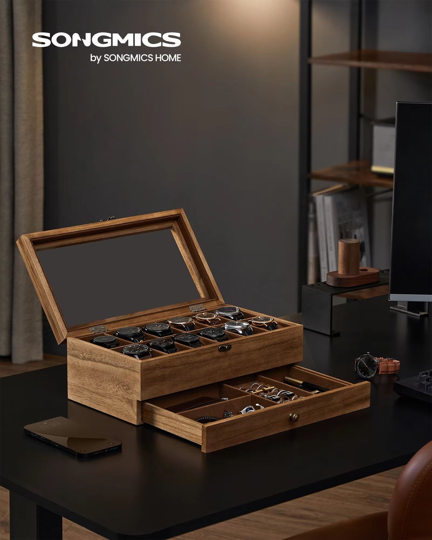 Watch Display Box 12 Slot Organizer With Glass Lid 2 Tier Jewelry Storage Case For Men And Women 1