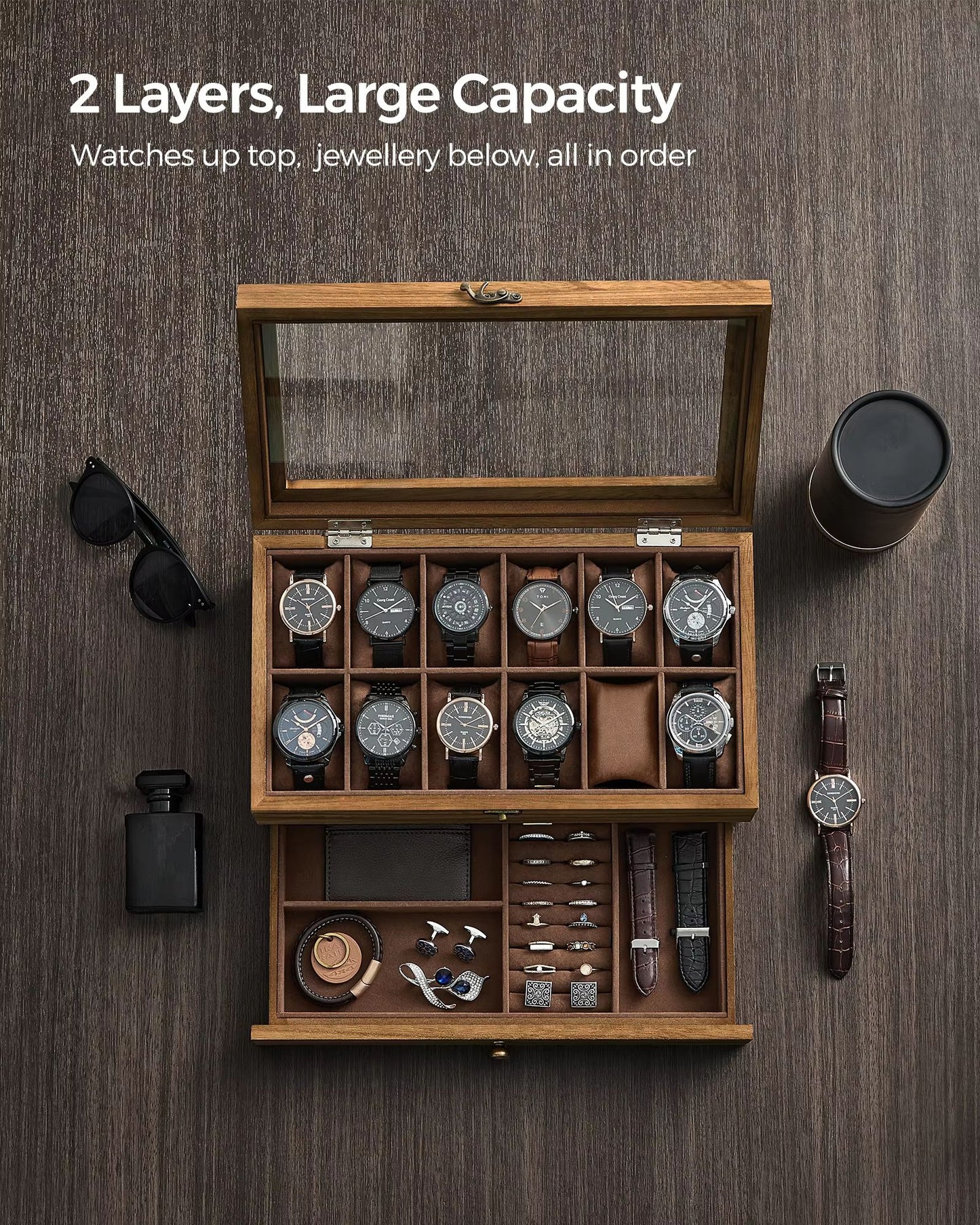 Watch Display Box 12 Slot Organizer With Glass Lid 2 Tier Jewelry Storage Case For Men And Women 2