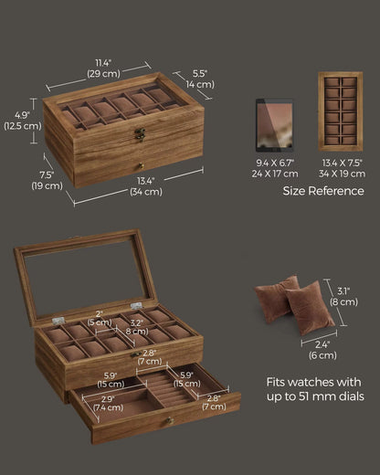 Watch Display Box 12 Slot Organizer With Glass Lid 2 Tier Jewelry Storage Case For Men And Women 4