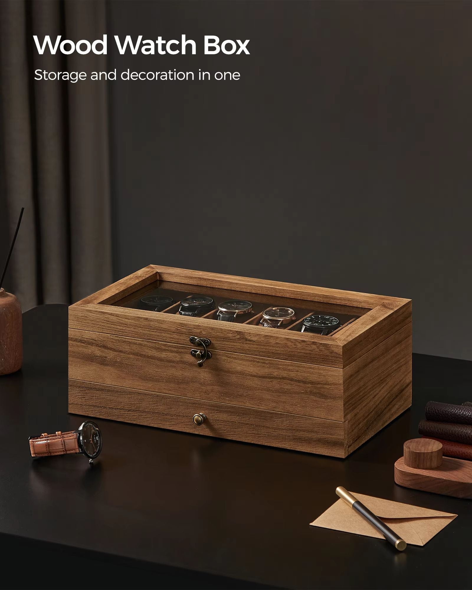 Watch Display Box 12 Slot Organizer With Glass Lid 2 Tier Jewelry Storage Case For Men And Women 5