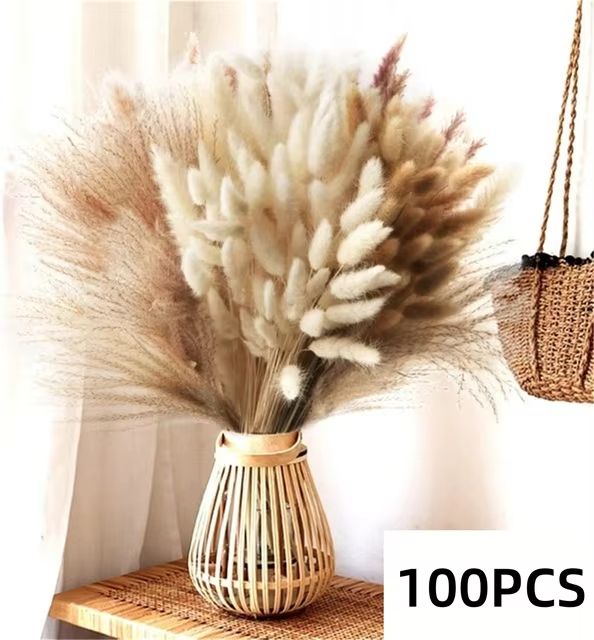 Natural Dried Pampas Grass Bouquet – Boho Vase Decor with Bunny Tails for Weddings & Home Styling