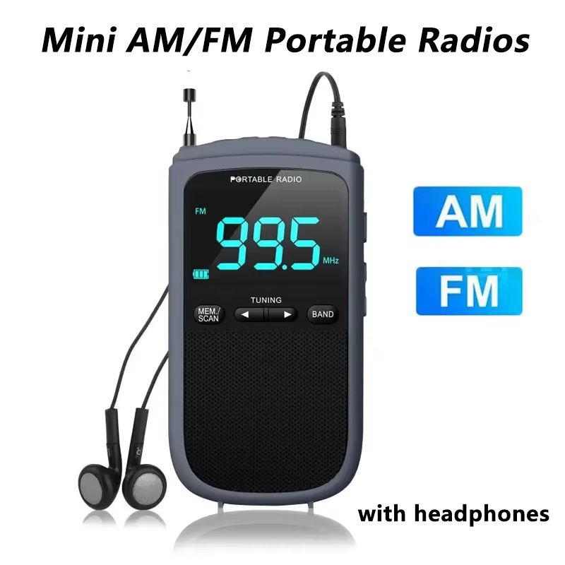 Mini AM/FM Portable Radio with Stereo Speaker – Rechargeable Pocket Radio with Alarm Clock & Weather Broadcast