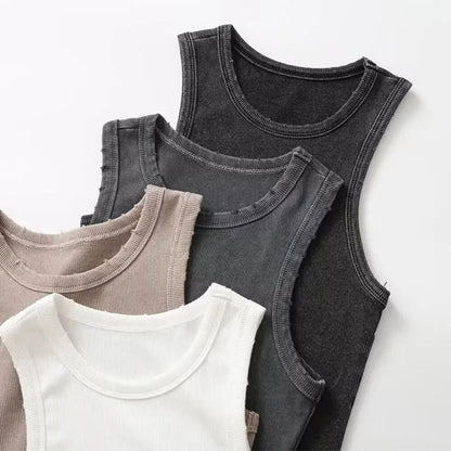 Women Retro Washed Ribbed Tank Top with Stretch Fit and Workwear Style for Casual Everyday Wear