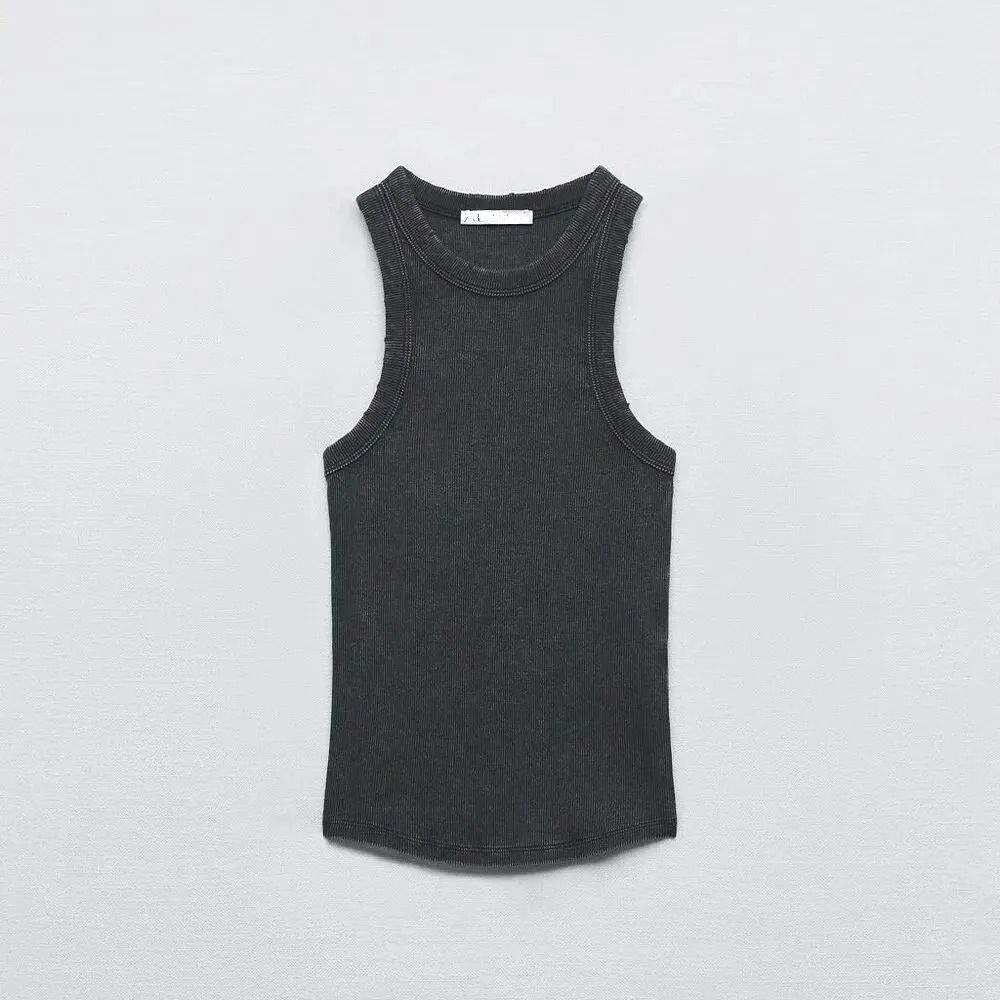 Women Retro Washed Ribbed Tank Top With Stretch Fit And Workwear Style For Casual Everyday Wear 7