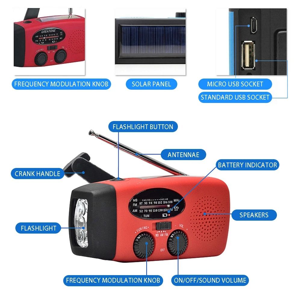 Portable Emergency Radio With Solar USB Charging LED Light And FM AM For Travel And Outdoor Use 4