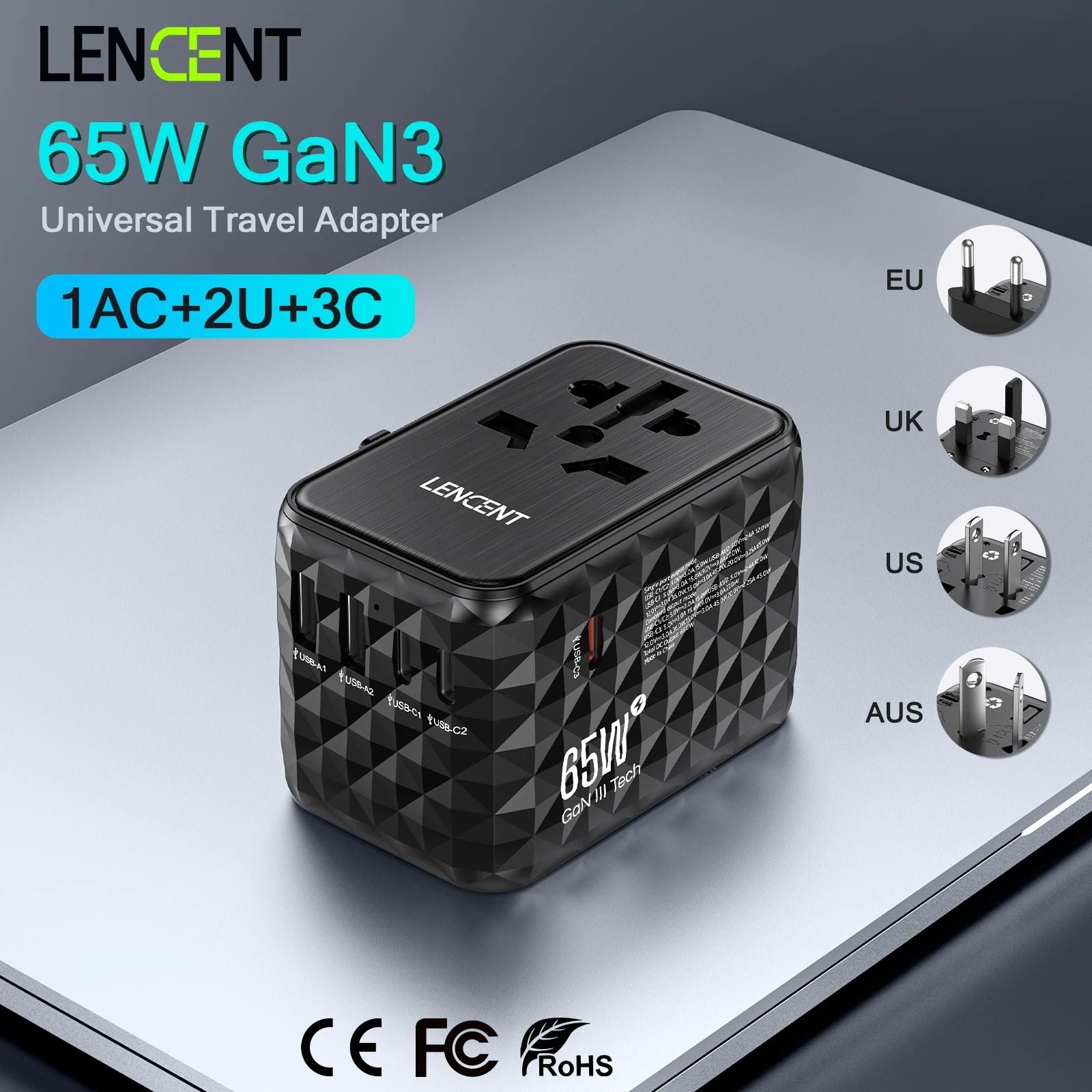 LENCENT 65W GaN Universal Travel Adapter with USB and Type C Ports for Fast Charging in EU UK USA AUS Regions