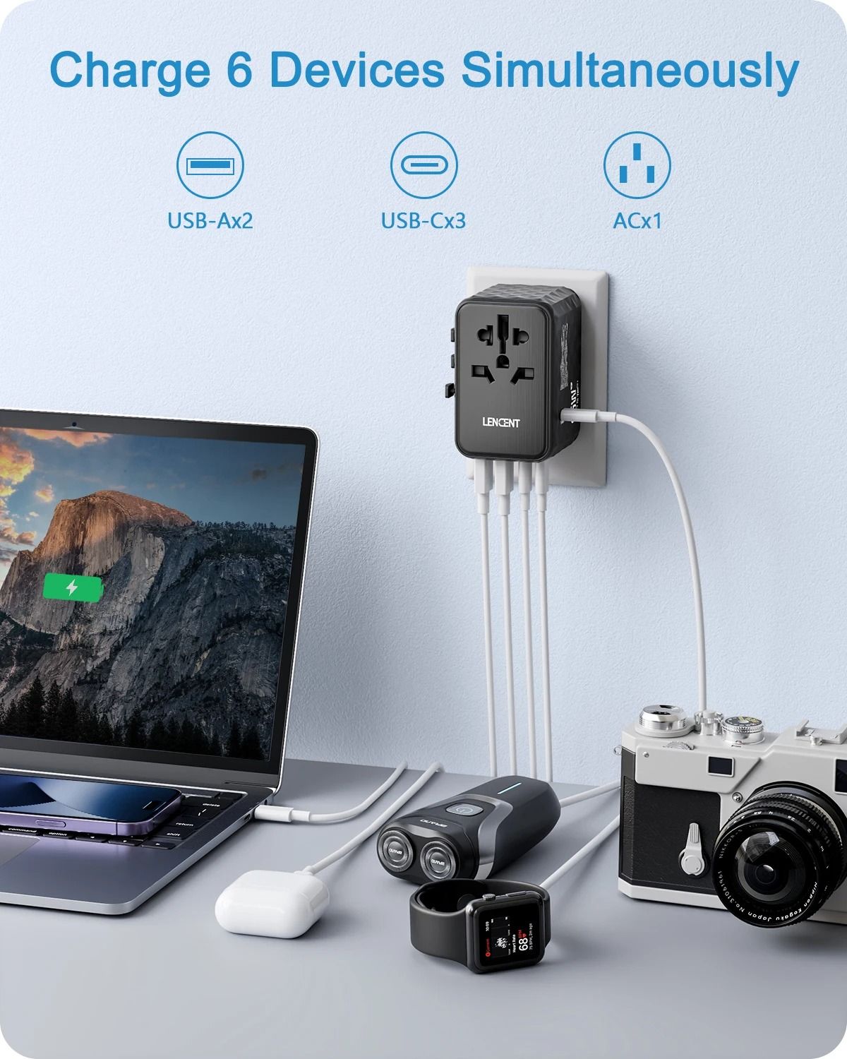 LENCENT 65W GaN Universal Travel Adapter With USB And Type C Ports For Fast Charging In EU UK USA A 1