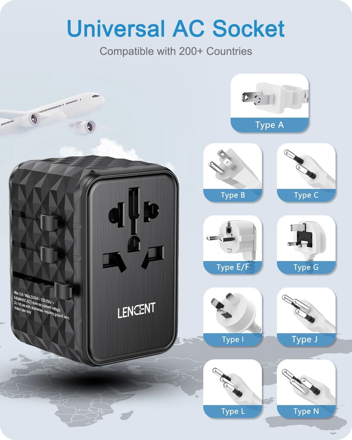 LENCENT 65W GaN Universal Travel Adapter With USB And Type C Ports For Fast Charging In EU UK USA A 4