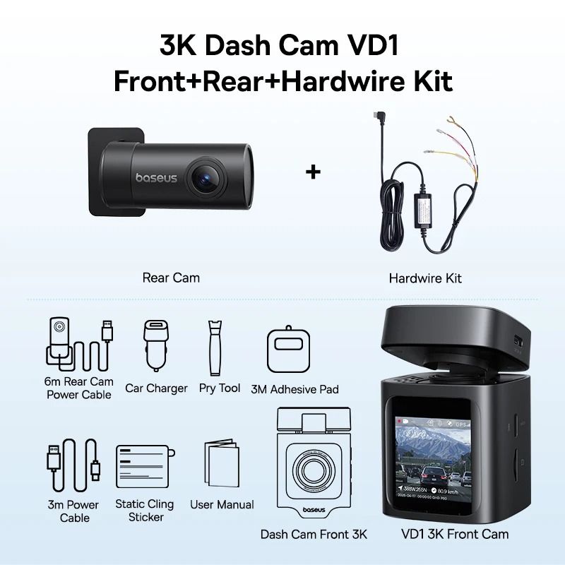 Baseus VD1 3K Front And Rear Dash Cam With GPS Galileo And Supercapacitor For 24 Hour Car Parking S 9