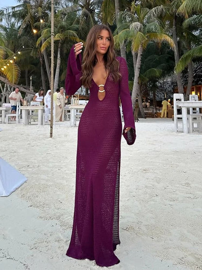 Womens Crochet V Neck Split Beach Dress with Metal Ring Detail and Flared Sleeves for Vacation and Summer Style