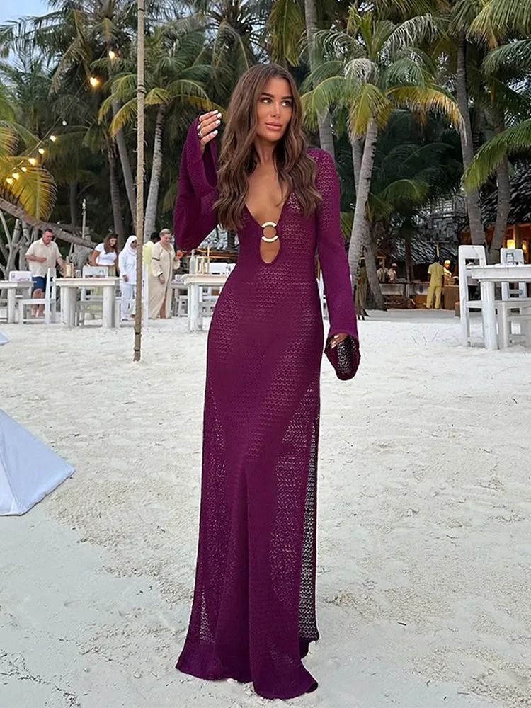 Womens Crochet V Neck Split Beach Dress With Metal Ring Detail And Flared Sleeves For Vacation And  9
