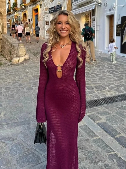 Womens Crochet V Neck Split Beach Dress With Metal Ring Detail And Flared Sleeves For Vacation And  1
