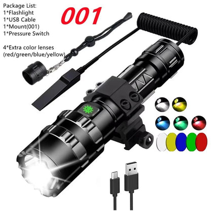 LED Tactical Flashlight With Gun Mount  USB Rechargeable Waterproof Hunting Torch 9