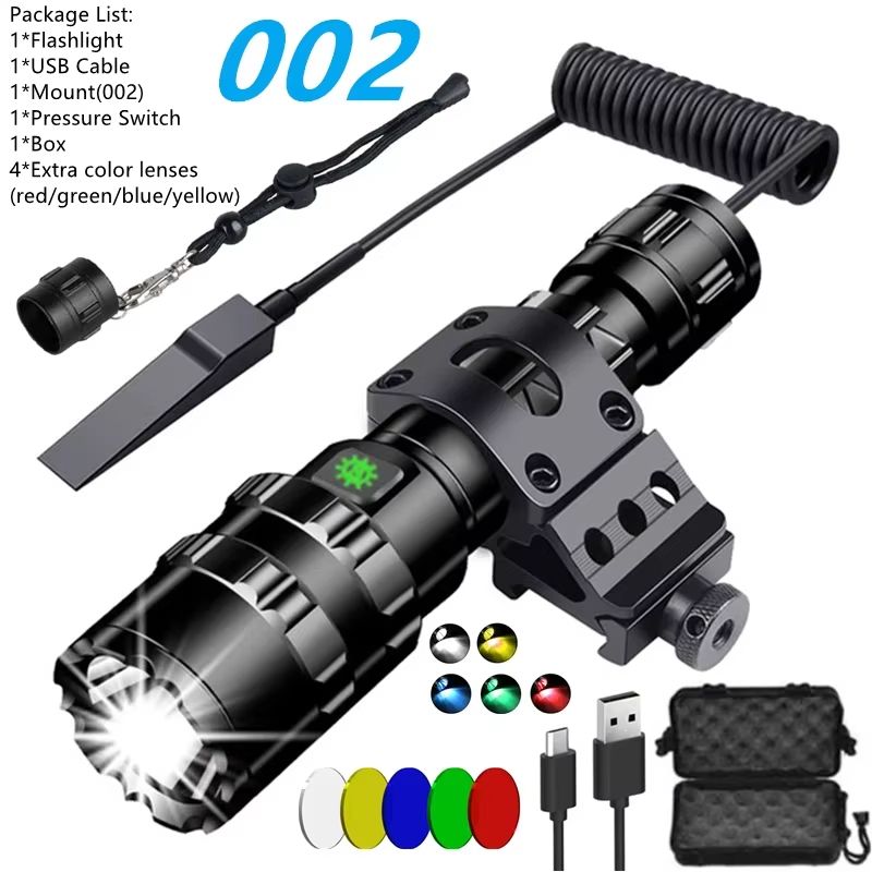 LED Tactical Flashlight With Gun Mount  USB Rechargeable Waterproof Hunting Torch 10