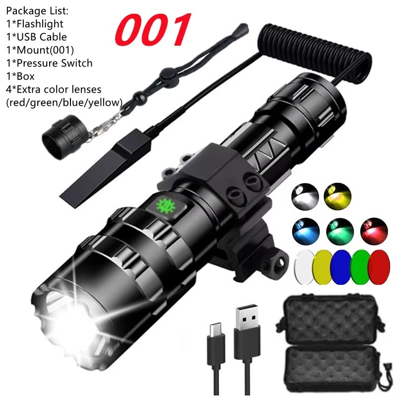 LED Tactical Flashlight With Gun Mount  USB Rechargeable Waterproof Hunting Torch 7