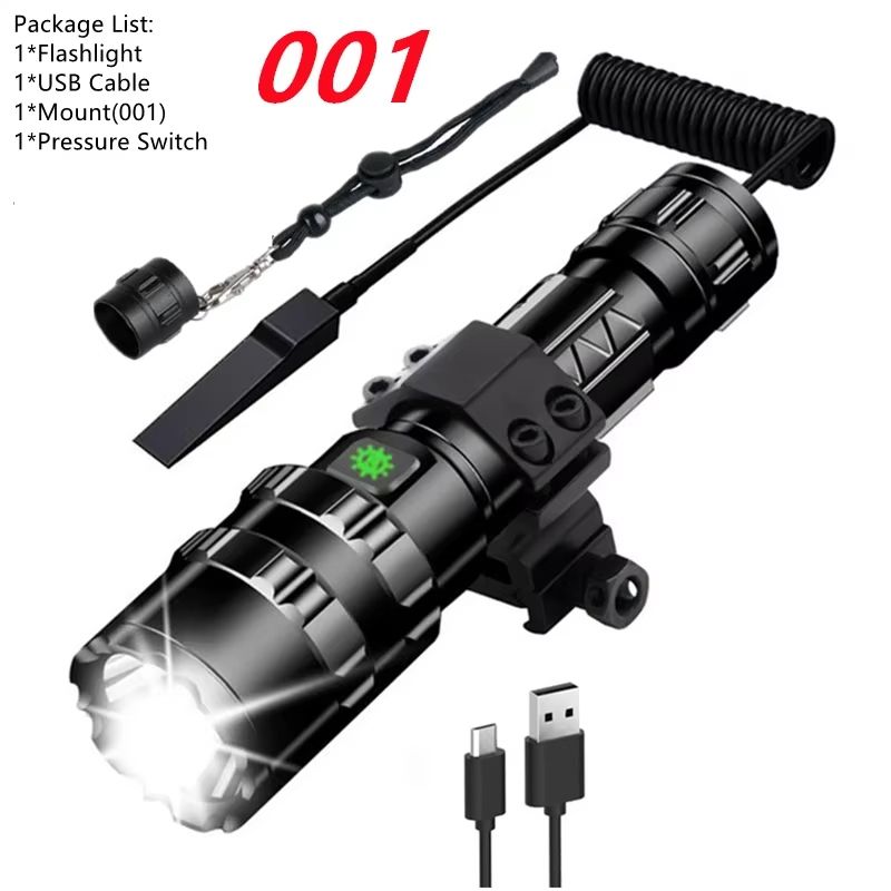 LED Tactical Flashlight With Gun Mount  USB Rechargeable Waterproof Hunting Torch 8