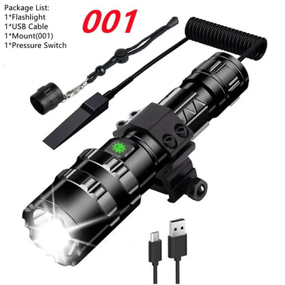 LED Tactical Flashlight With Gun Mount  USB Rechargeable Waterproof Hunting Torch 8