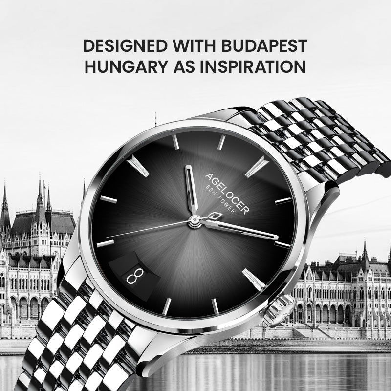 Automatic Mechanical AGELOCER Budapest Watch For Men Steel Strap Dress Watch Big Calendar Elegant B 1