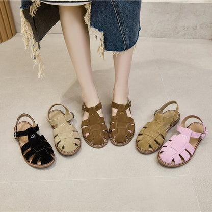 Flatsoled Retro Genuine Leather Hollow Baotou Sandals For Womens Cage Sandals With Buckle Strap Cas 1