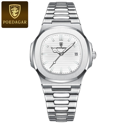 Fashion Square Quartz Watch for Men, Waterproof Luminous Date Stainless Steel, Business Luxury Wristwatch