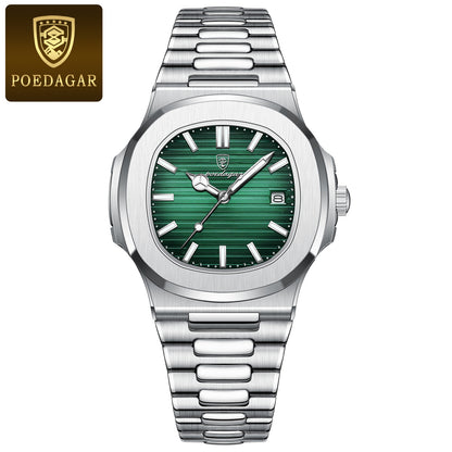 Fashion Square Quartz Watch for Men, Waterproof Luminous Date Stainless Steel, Business Luxury Wristwatch