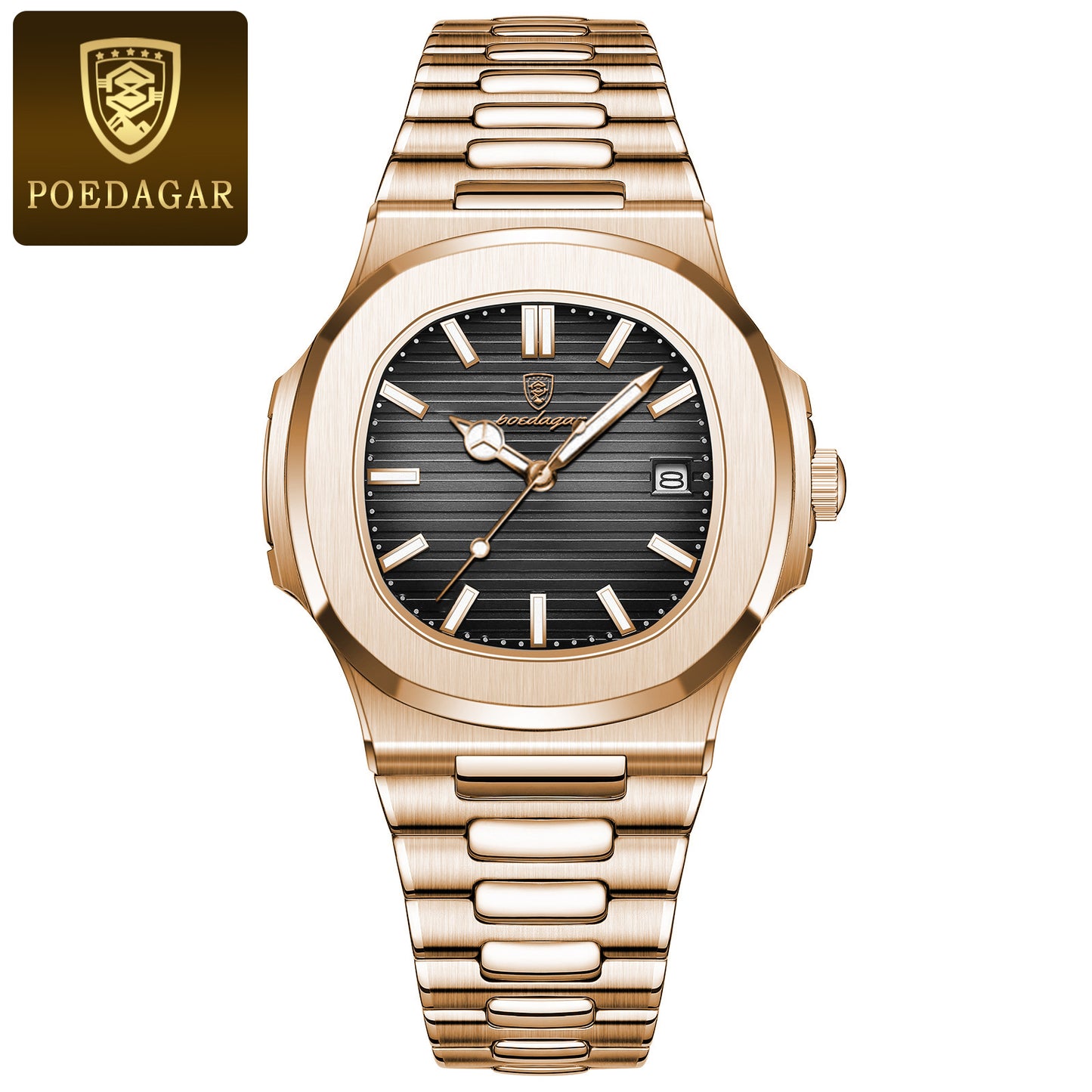 Fashion Square Quartz Watch for Men, Waterproof Luminous Date Stainless Steel, Business Luxury Wristwatch