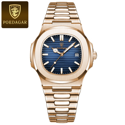 Fashion Square Quartz Watch for Men, Waterproof Luminous Date Stainless Steel, Business Luxury Wristwatch
