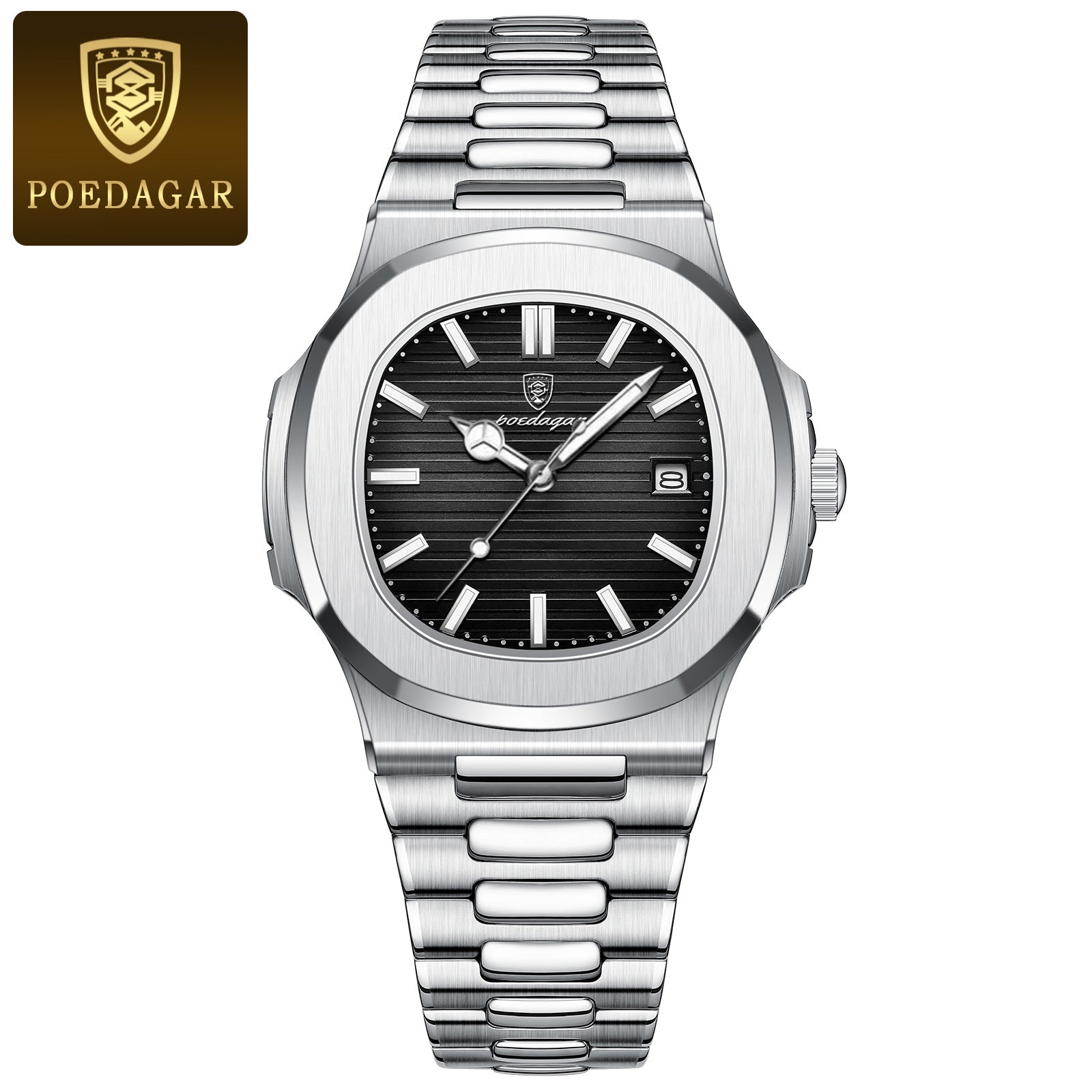 Fashion Square Quartz Watch for Men, Waterproof Luminous Date Stainless Steel, Business Luxury Wristwatch