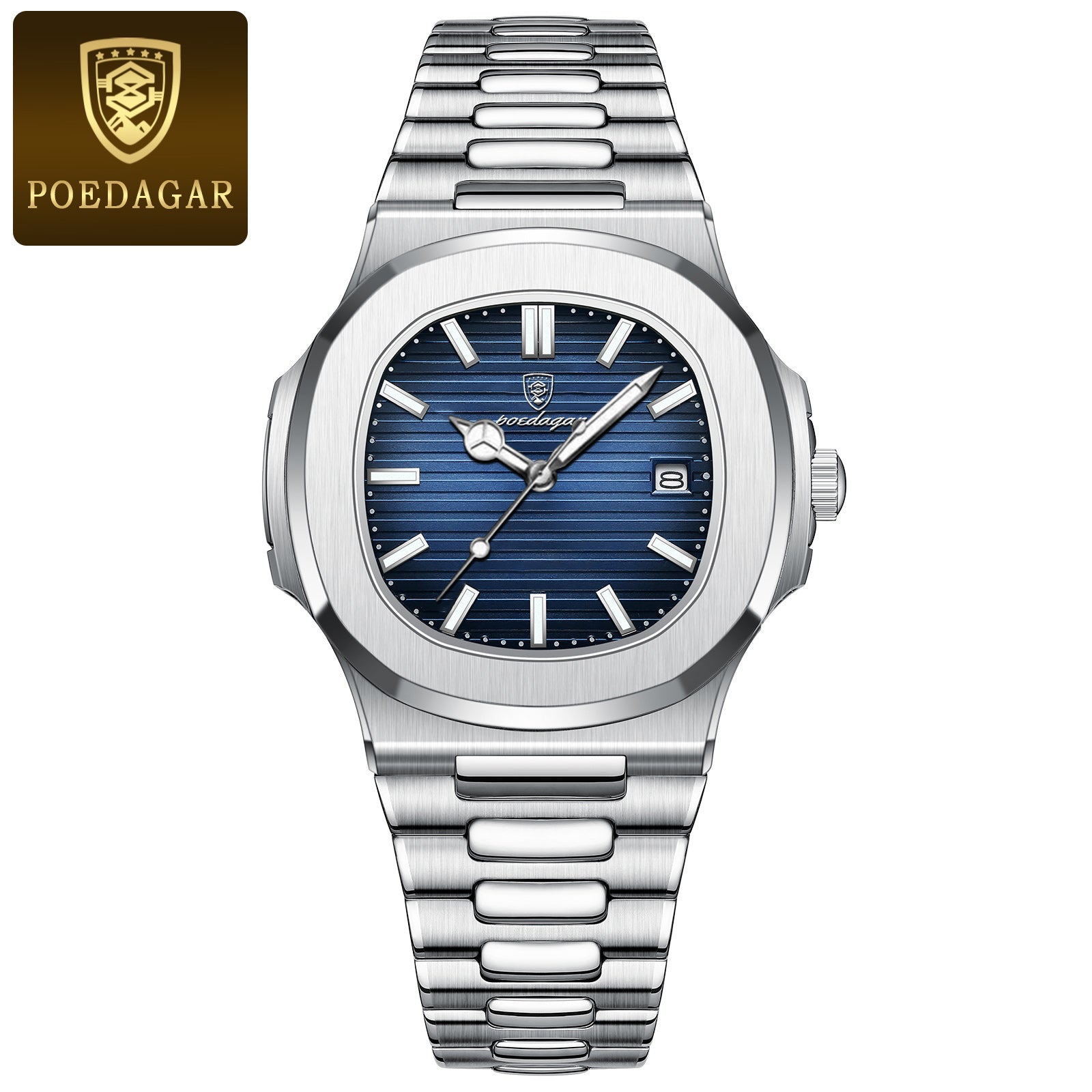 Fashion Square Quartz Watch for Men, Waterproof Luminous Date Stainless Steel, Business Luxury Wristwatch