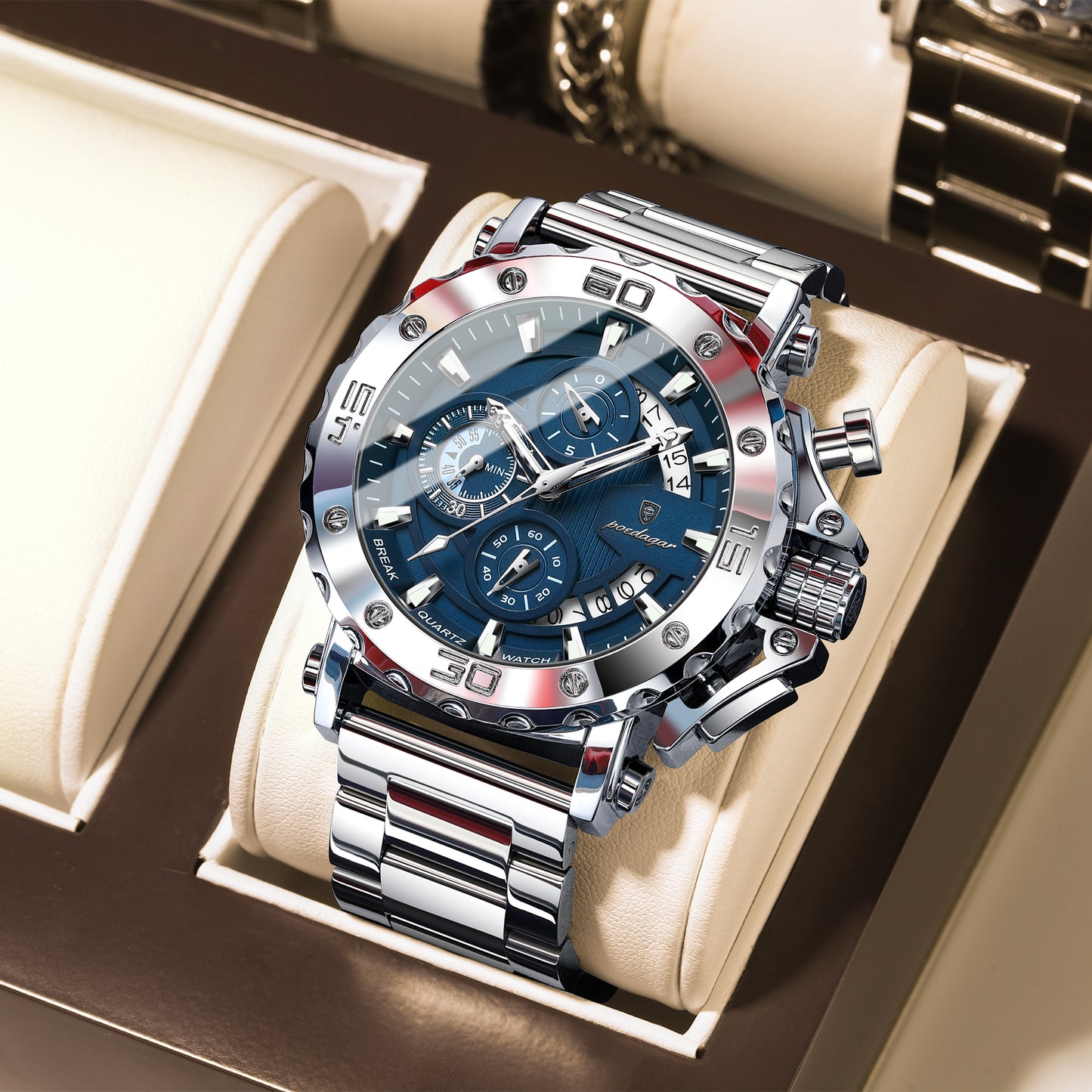 POEDAGAR Luxury Watch For Men, Calendar Quartz Chronograph, Waterproof Stainless Steel Luminous Man Clock