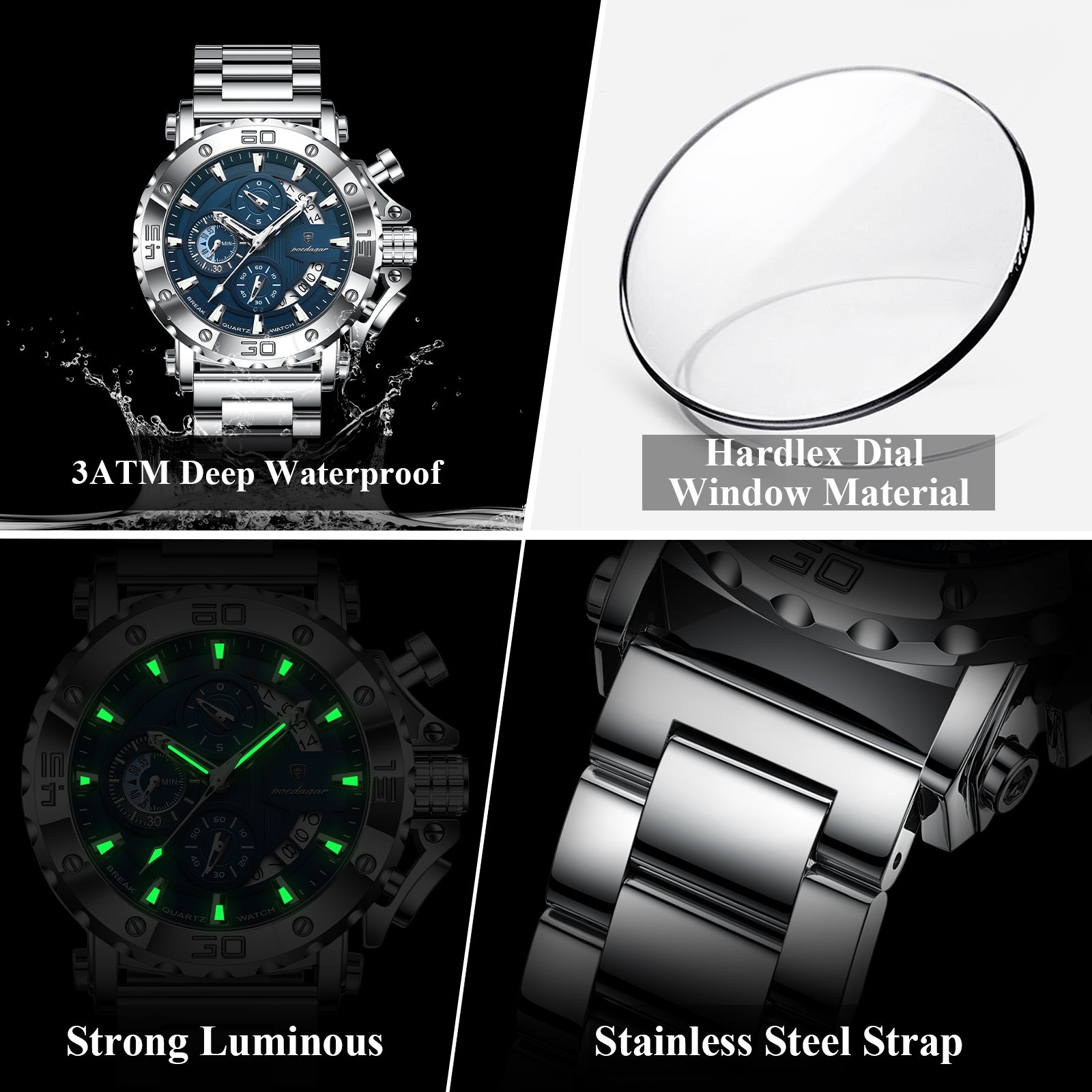 POEDAGAR Luxury Watch For Men, Calendar Quartz Chronograph, Waterproof Stainless Steel Luminous Man Clock