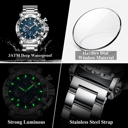 POEDAGAR Luxury Watch For Men, Calendar Quartz Chronograph, Waterproof Stainless Steel Luminous Man Clock