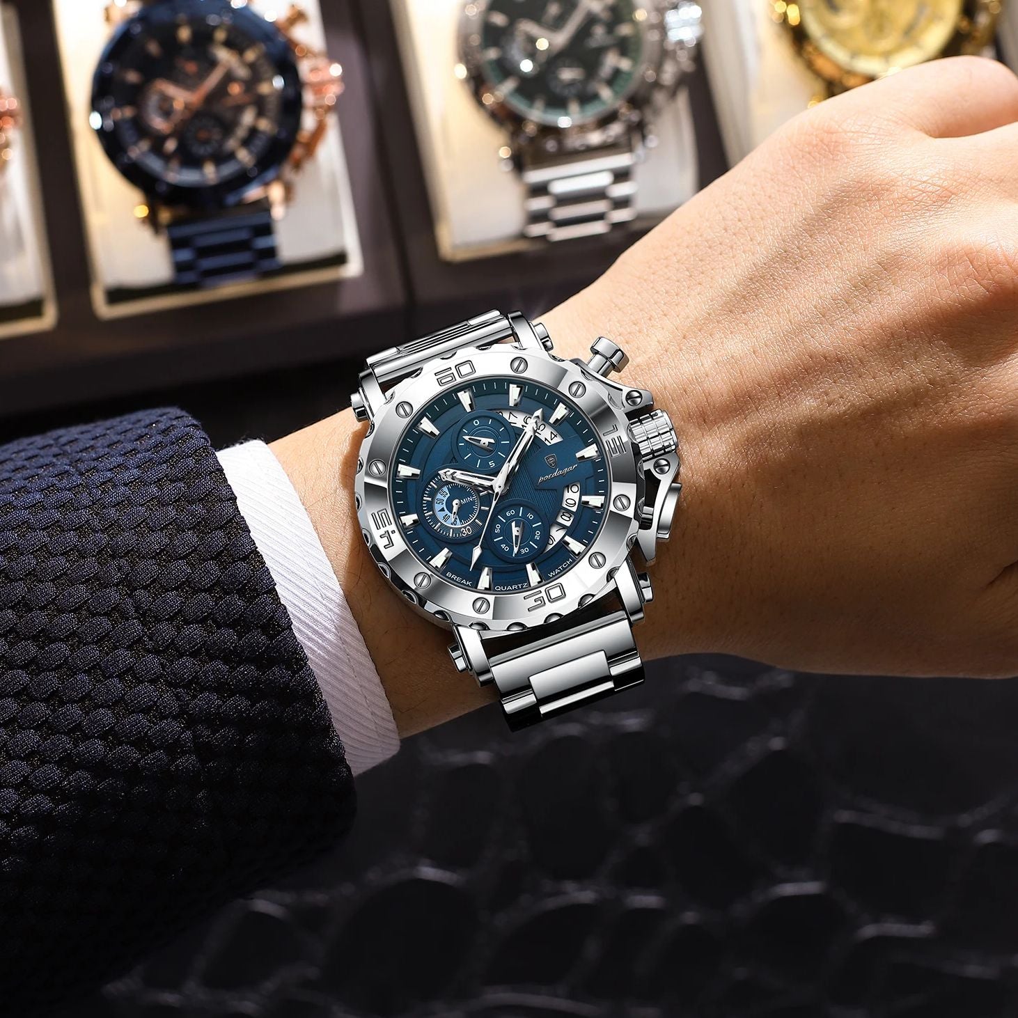 POEDAGAR Luxury Watch For Men, Calendar Quartz Chronograph, Waterproof Stainless Steel Luminous Man Clock