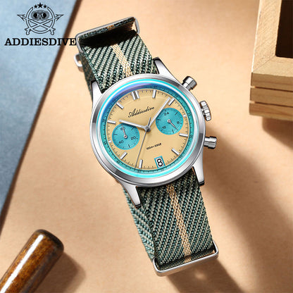 Men Chronograph Watch, Quartz Wristwatch, Waterproof Bubble Glass, Luminous Dial 38mm