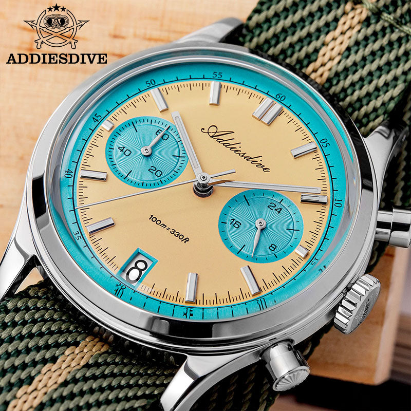 Men Chronograph Watch, Quartz Wristwatch, Waterproof Bubble Glass, Luminous Dial 38mm