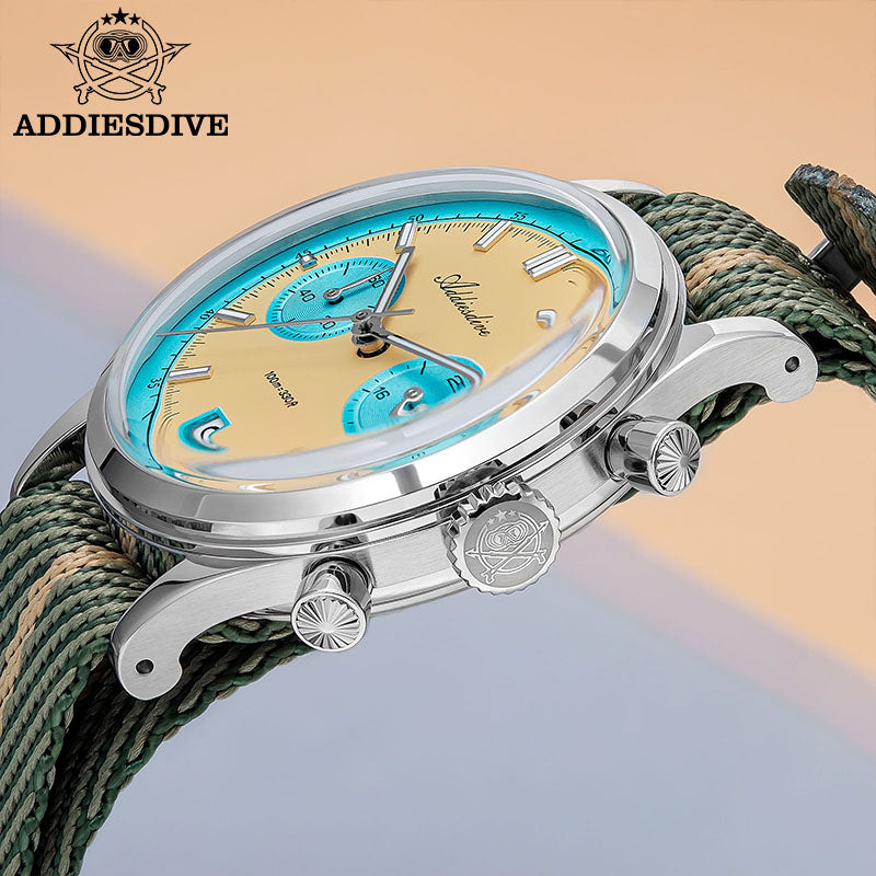 Men Chronograph Watch, Quartz Wristwatch, Waterproof Bubble Glass, Luminous Dial 38mm