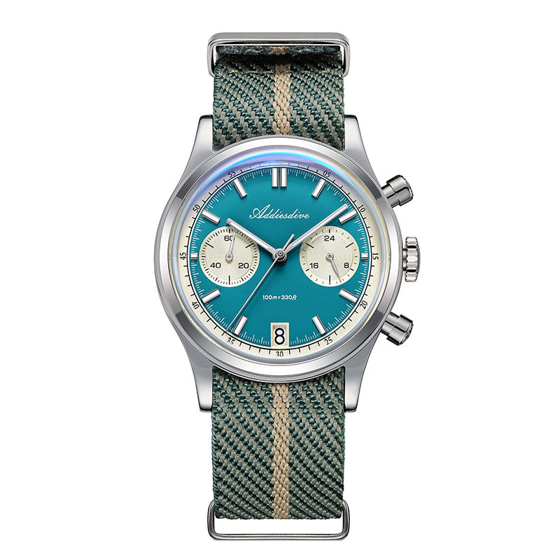 Men Chronograph Watch, Quartz Wristwatch, Waterproof Bubble Glass, Luminous Dial 38mm