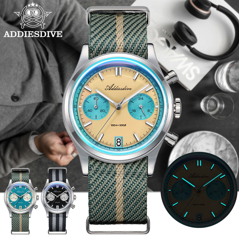 Men Chronograph Watch, Quartz Wristwatch, Waterproof Bubble Glass, Luminous Dial 38mm