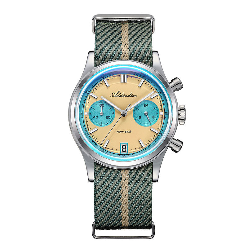 Men Chronograph Watch, Quartz Wristwatch, Waterproof Bubble Glass, Luminous Dial 38mm
