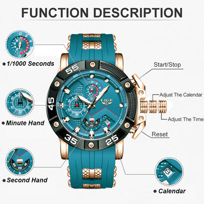LIGE Mens Big Dial Military Sports Watch, Top Brand Luxury Quartz Watch for Men, Waterproof Silicone Strap Watch