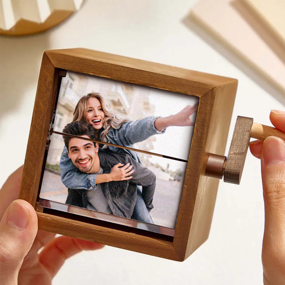 Custom Hand-Cranked Photo Flipbook Box, Personalized Valentines Day Gift with Solid Wood Frame