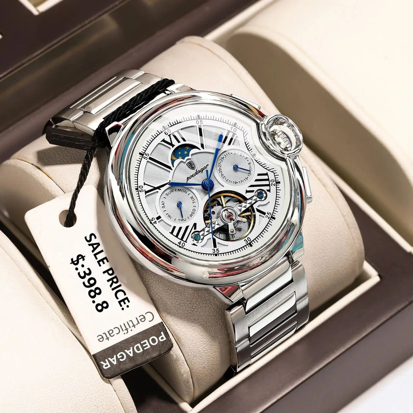 Luxury Man Watch with Hollow Tourbillon, Automatic Mechanical Watch for Men, Waterproof Stainless Steel Design