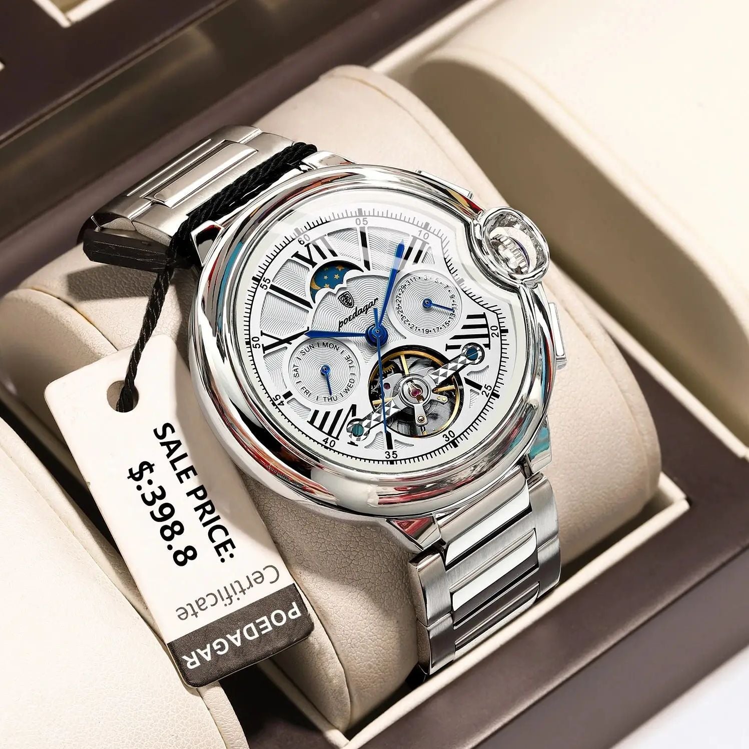 Luxury Man Watch with Hollow Tourbillon, Automatic Mechanical Watch for Men, Waterproof Stainless Steel Design