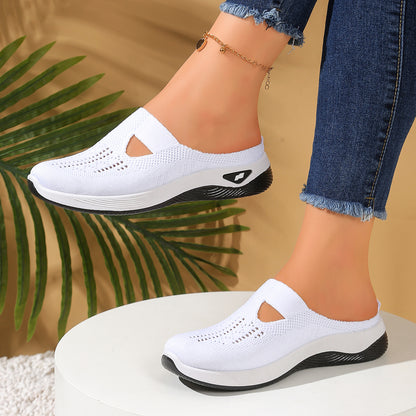 Women Slip On Canvas Summer Slippers, Ventilated Half Slipper Shoes, Comfortable Home Footwear, Flat Lightweight Slides