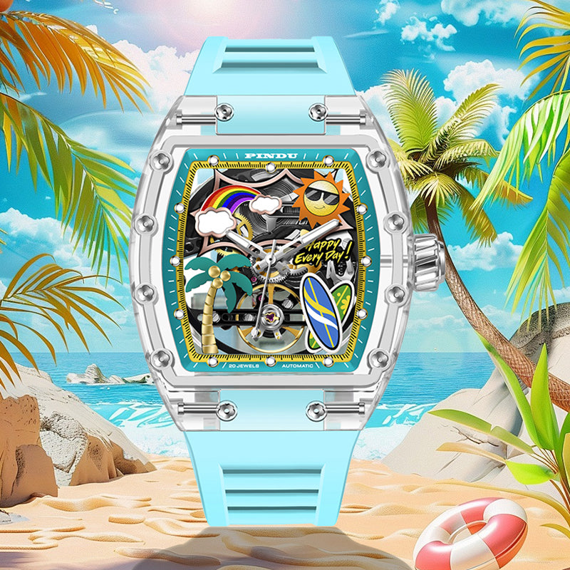 Men Mechanical Watch by PINDU, Unique Dial Design Summer Beach Style, Fashion Waterproof Watch Silicone Strap