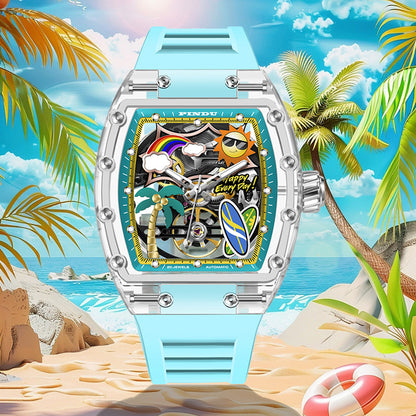 Men Mechanical Watch by PINDU, Unique Dial Design Summer Beach Style, Fashion Waterproof Watch Silicone Strap