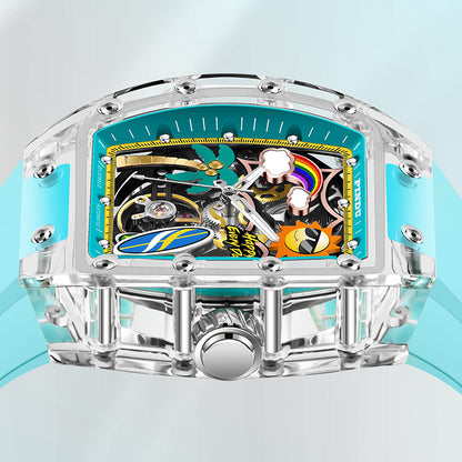 Men Mechanical Watch by PINDU, Unique Dial Design Summer Beach Style, Fashion Waterproof Watch Silicone Strap